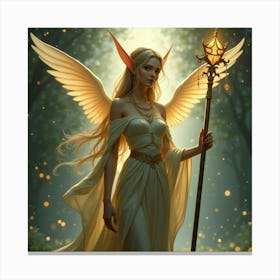 A Graceful Elf With An Elegant Staff, Surrounded By Ethereal Lights 1 Canvas Print