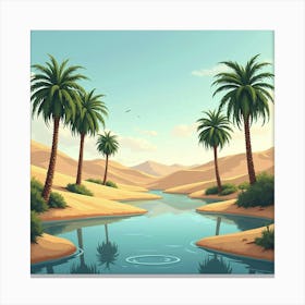 Serene Oasis Scene With Palm Trees, Water, And Sand Dunes 1 Canvas Print