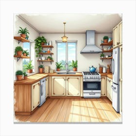 Spacious Kitchen Watercolor Painting, Lively, Inviting 1 Canvas Print