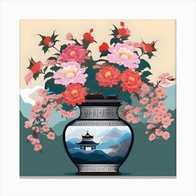 Vase with flowers decorated with Chinese landscape, green, yellow, blue and red Canvas Print