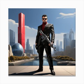 The Image Depicts A Man In A Black Suit And Helmet Standing In Front Of A Large, Modern Cityscape 2 Canvas Print