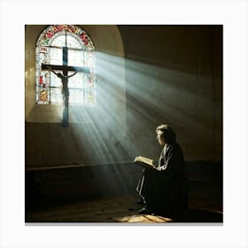 A Devoted Individual In Quiet Contemplation Clasping A Worn Holy Bible Tightly With An Air Of Sole (3) Canvas Print