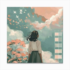 Girl With Birds In The Sky Canvas Print