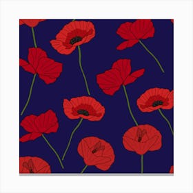 Poppies Seamless Pattern On Dark Blue Background Canvas Print