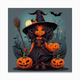 Halloween Witch With Pumpkins 2 Canvas Print