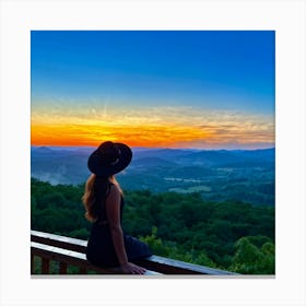 Woman In Black Hat Sitting Alone On A Wooden Balcony Overlooking A Hill Dotted Landscape Trees Al (4) Canvas Print