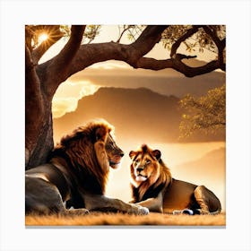 Two Lions Under A Tree Canvas Print