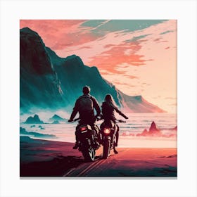 Couple Riding Motorcycles At Sunset Canvas Print