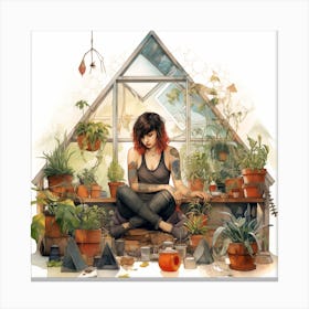 Tattooed Girl In A Greenhouse With Plants Watercolour Canvas Print