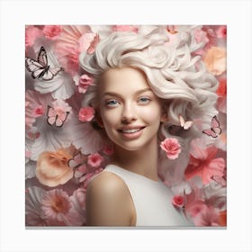 Beautiful Young Woman With Flowers And Butterflies Canvas Print