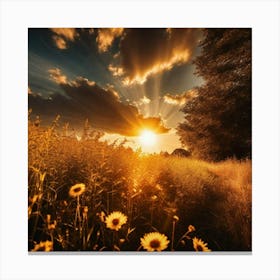 Field of flowers and sunrise Canvas Print