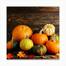 Assortment Of Vibrant Autumn Gourds And Pumpkins Thanksgiving Themed Scattered Artistically Across (1) Canvas Print