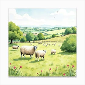 A Picturesque English Countryside With Sheep Grazing In The Fields, Watercolor 1 Canvas Print