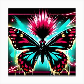 A Flashy Butterfly With A Neon Mohawk, Inspired By The Street Art Of Banksy, With A Bold Black And Neon Color Scheme, Where The Butterfly Is In Focus And The Background Is Blurred Into Neon Shapes, Framed With Abstract Brush Strokes (4) Canvas Print