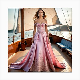 Woman In A Pink Dress On A Boat Canvas Print