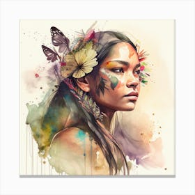 Watercolor Floral Indian Native Woman #2 Canvas Print