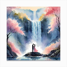 Spring Time Lover Couple By A Waterfall Watercolor Painting Canvas Print