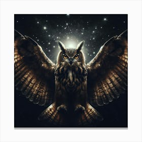 An illustration of an owl with outstretched wings against a starry night sky and a glowing moon, with intricate details and a realistic style 1 Canvas Print