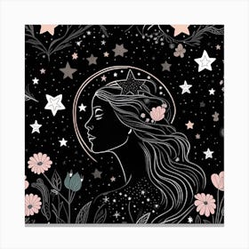 Girl With Flowers And Stars Canvas Print