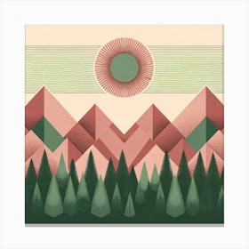 "Geometric Dawn"   In this serene composition, stylized mountains and a forest of evergreens are bathed in the soft light of a geometric sun. The artwork's pastel palette and clean lines lend a modern tranquility to the scene, evoking a sense of calm and order in the natural world. Perfect for contemporary decor, it brings a touch of minimalist nature to any space. Canvas Print