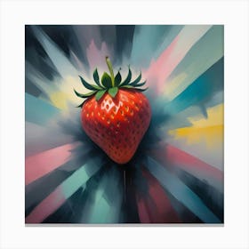 A Single, Red, Glossy Strawberry With A Green Stem And Leaves, Centered Against A Bright, Colorful Background Of Brushstrokes In Pink, Yellow, Blue, And Green Canvas Print