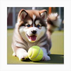 Husky Puppy Playing With Tennis Ball Canvas Print