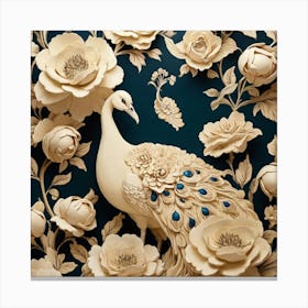 Cream Vintage Floral Peacock Wallpaper Art Print 2 Canvas Print