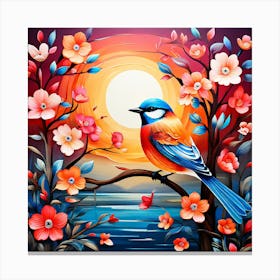 A Bright Toned Design With Flowers And Leaves Trees And Birds A Beautiful And Simple Picture Wall art, Bird On A Branch At Sunset Canvas Print