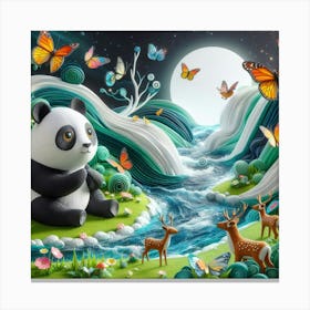 A beautiful scene waterfall with a cute panda. Canvas Print