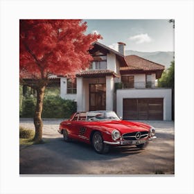 A Red Luxury Car Is Driving In A Rural Town Between Trees On A Street In Front Of A Luxurious Rural Villa Canvas Print