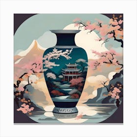 Flower Vase Decorated with Chinese Landscape, Turquoise, Brown, Red and Pink Canvas Print