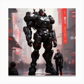 A Man With Black Armored Uniform, Futuristic, Giant Robot, Inspired By Krenz Cushart, Neoism, Kawacy, Wlop (1) Canvas Print