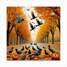 Autumn Birds And Pumpkins Canvas Print