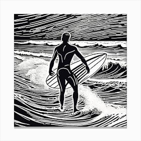 Linocut Black And White Surfer On A Wave art, surfing art, 6 Canvas Print