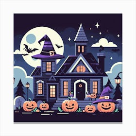 Halloween House With Pumpkins At Night - Cute Vector style Illustration 1 Canvas Print