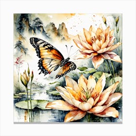 Watercolour Butterflies over Lilly Pond III Canvas Print