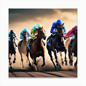 Jockeys Racing Horses At The Racetrack Canvas Print