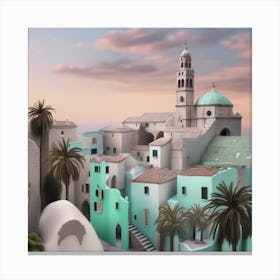 Mediterranean City Mint Green Landscape Canvas Print