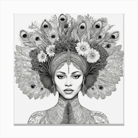 Black And White Drawing Of A Woman With Feathers drawing sketch Canvas Print