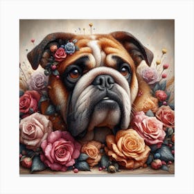 Bulldog With Roses 1 Canvas Print