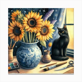Sunflowers watercolor pestel painting Vase With Three Sunflowers With A Black Cat, Van Gogh Inspired Art Print Canvas Print