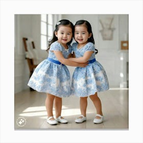 Two Little Girls In Blue Dresses Canvas Print