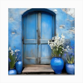 Blue wall. An old-style door in the middle, silver in color. There is a large pottery jar next to the door. There are flowers in the jar Spring oil colors. Wall painting.13 Canvas Print
