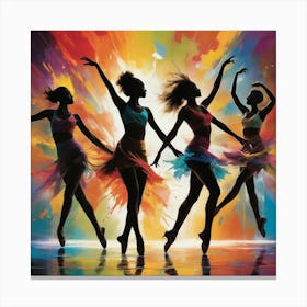 Dynamic silhouettes of dancers in motion against a colorful abstract background. The scene should convey energy, rhythm, and joy, with vibrant splashes of color highlighting the movement. 3 Canvas Print