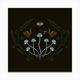 Light Blue Mushroom And Snails on Black Canvas Print