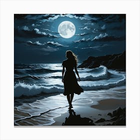 A woman walking alone in a night behind a sea with moonlit Canvas Print