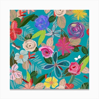 Vivid Colorful Botanical Flowers Pattern With Turquoise Background Square Canvas Print