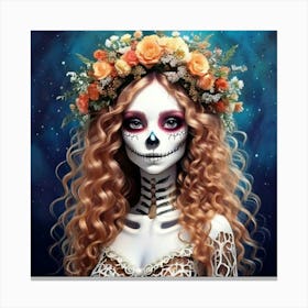 Firefly Whimsical Girl With Floral Skeleton Wreath And Curly Hair 33413 (2) Canvas Print