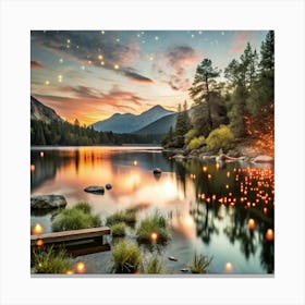 Lake With Lights At Sunset Canvas Print