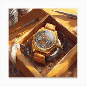 Honey Coloured Watch In A Box On The Table ) Canvas Print